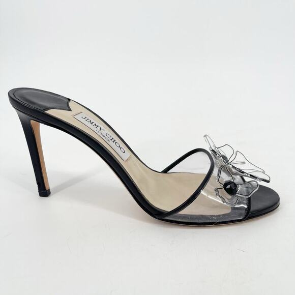 Jimmy Choo Black Saskia 85 Embellished Floral PVC Slip-On Sandal Heels IT 39.5 - Picture 2 of 11